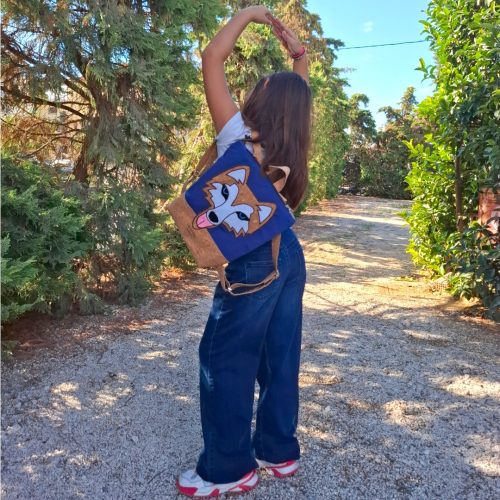 Χειροποίητο παιδικό σακίδιο πλάτης με σχέδιο χάσκυ από ύφασμα φελλού και μπλε βαμβακερό ύφασμα Ανυφαντού
