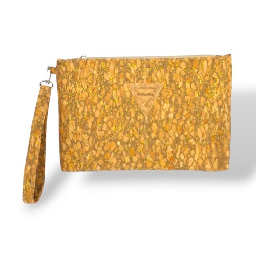 Χειροποίητο γυναικείο τσαντάκι χειρός clutch από φελλό με χρυσαλλίδες Ανυφαντού