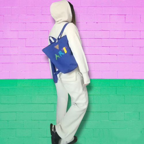Γυναικείο backpack με καλλιτεχνικό σχέδιο Art από μπλε βαμβακερό ύφασμα Anifantou