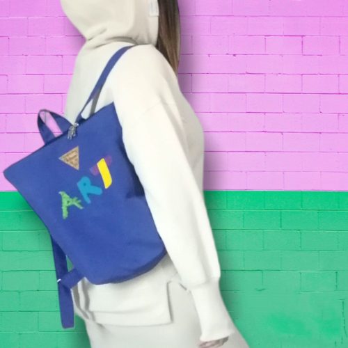 Γυναικείο backpack με καλλιτεχνικό σχέδιο Art από μπλε βαμβακερό ύφασμα Anifantou