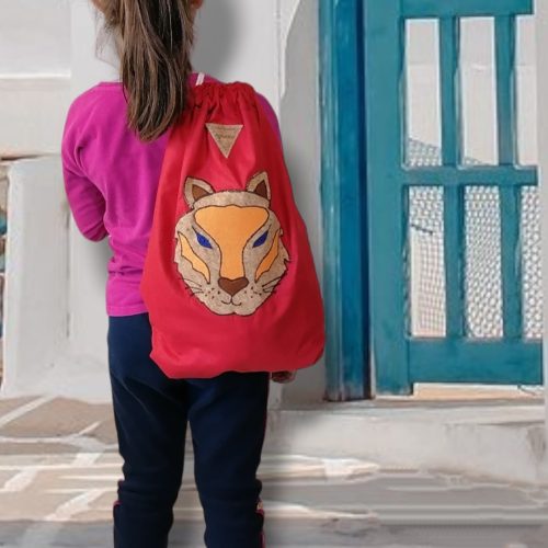 Χειροποίητο κόκκινο βαμβακερό σακίδιο πλάτης με κορδόνια και σχέδιο τίγρης Anifantou