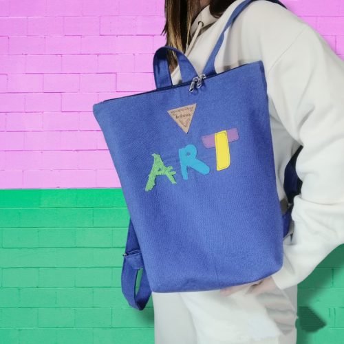 Γυναικείο backpack με καλλιτεχνικό σχέδιο Art από μπλε βαμβακερό ύφασμα Anifantou