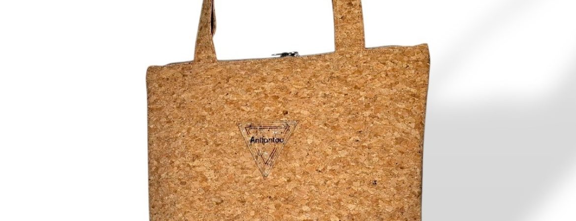 ΧΑΛΚΗ χειροποίητη μεγάλη τσάντα ώμου από φυσικό φελλό Anifantou