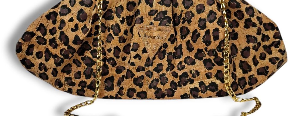 Χειροποίητη bucket bag από φελλό leopard με χρυσή αλυσίδα