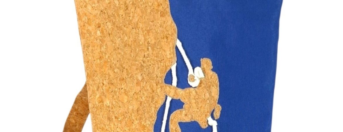 Χειροποίητο σακίδιο πλάτης με σχέδιο αναρρίχησης από ύφασμα φελλού και μπλε βαμβακερό ύφασμα Ανυφαντού